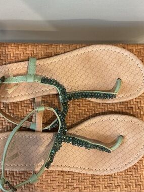Report Mint Green Beaded T‑Strap Flat Sandals